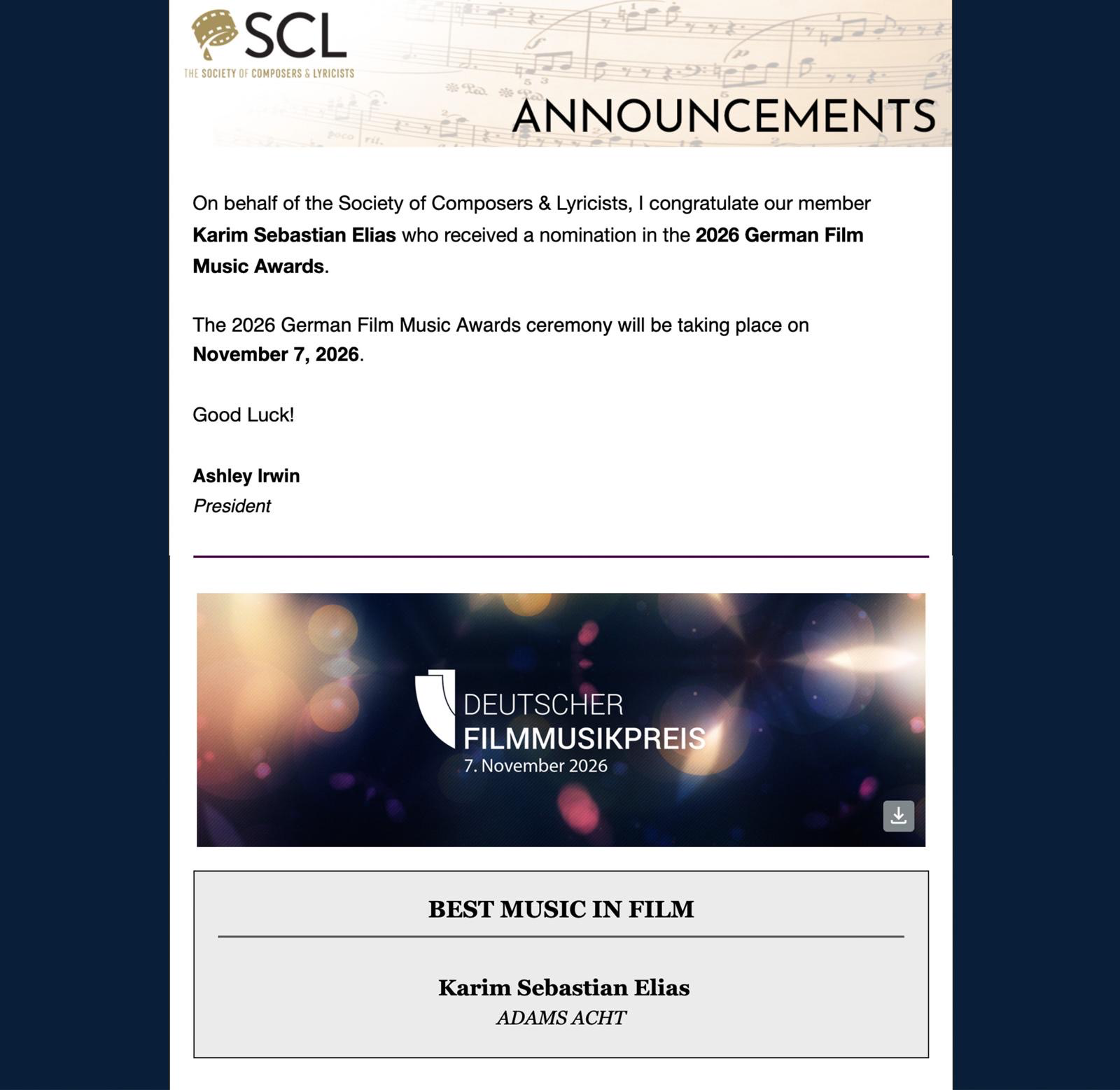 SCL: Die Society of Composers & Lyricists gratuliert Karim Sebastian Elias zur Nominierung für den Deutschen Filmmusikpreis 2026. Mitteilung von Präsident Ashley Irwin.